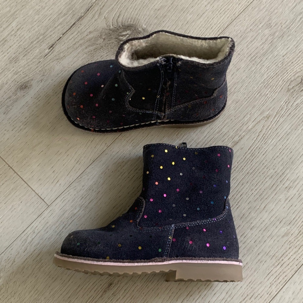 Mini Boden Kids' Navy and Gold Polka Dot Boots Sz 24 suede sparkly‎ girls winter